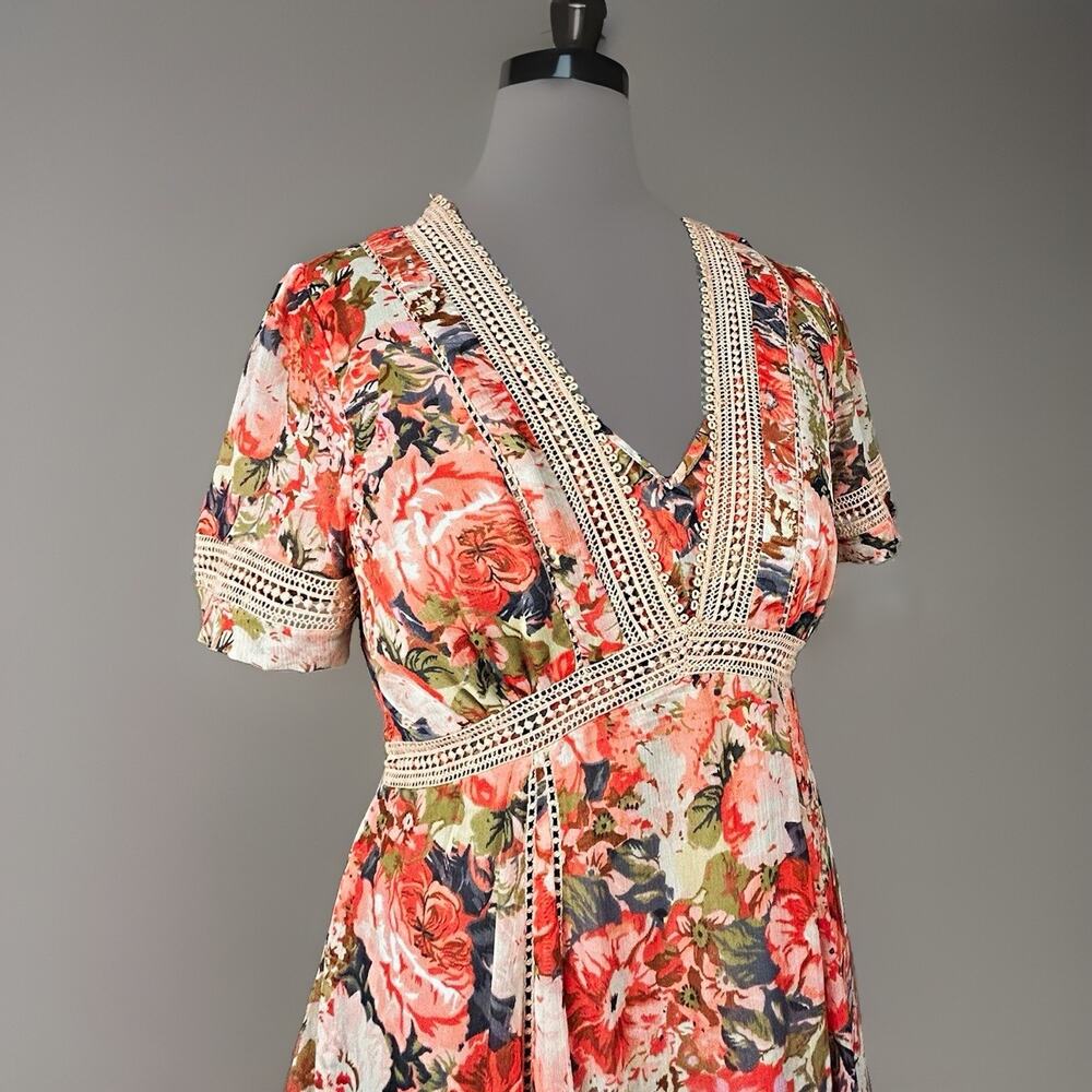 Ranna Gill Women’s 12 Floral Midi Dress Crochet Lace Trim NWT $188 Pink Rose